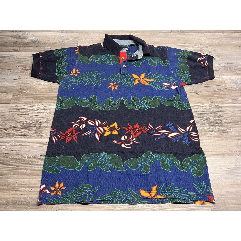 Vintage Mens Hawaiian Floral Polo Shirt‎ Casual Collared Size M John Blair Blue